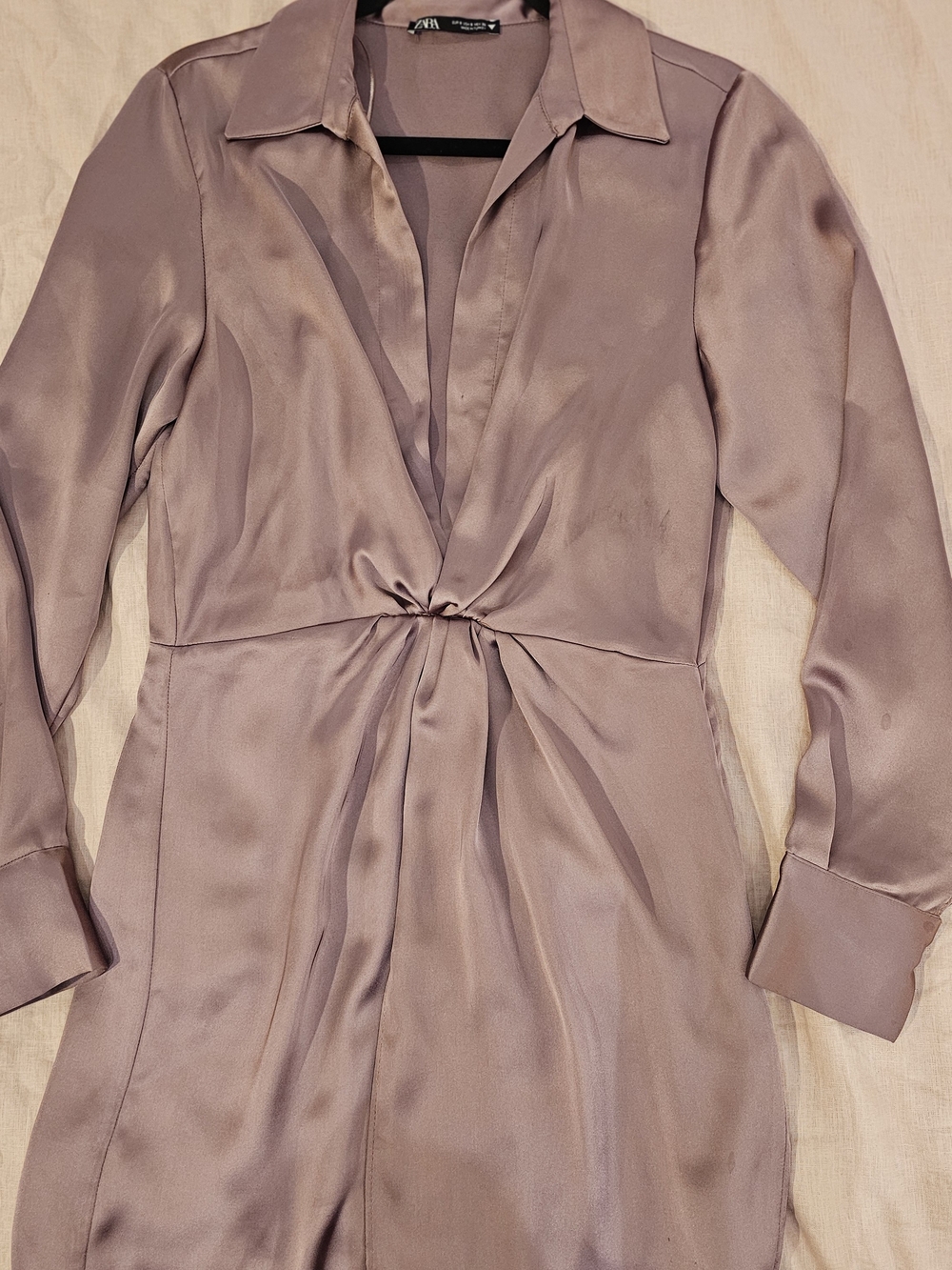 Zara Mauve Satin Twist-Front Midi Dress